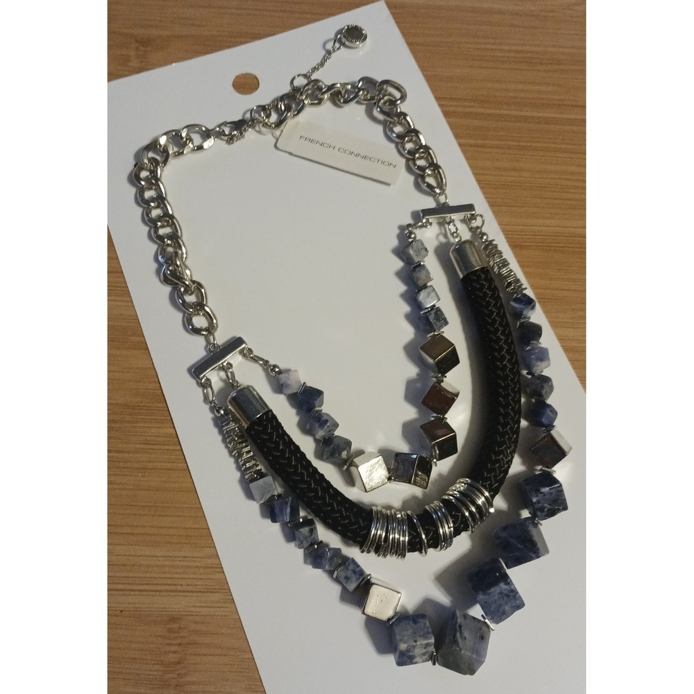 NEW French Connection Black Rope/Silver Cube/Blue Gemstone Triple Chain Necklace